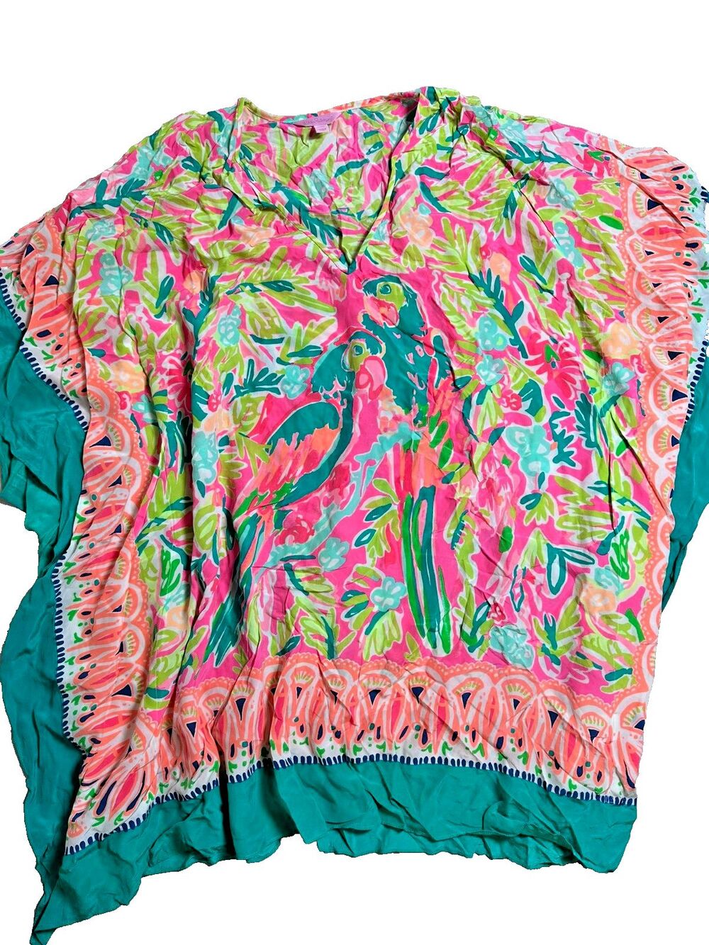 Lilly Pulitzer Silk Caftan Dress Palm Beach Tiki Resort Tropical Maximal L